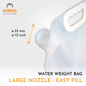 Portable and foldable water bags with a mesh storage bag for easy transport.