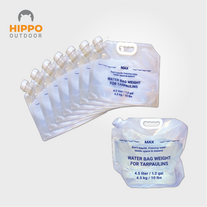 Lightweight and compact water bags for securing tarps on the go.