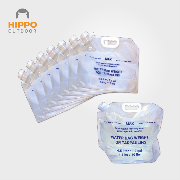 Lightweight and compact water bags for securing tarps on the go.