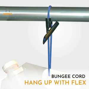 Bungee cord with toggle used for hanging weights, demonstrating flexible and strong fastening capability.