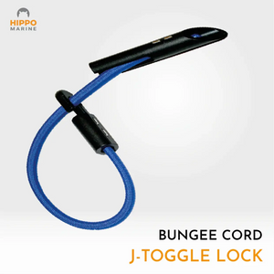 Close-up of bungee cord with toggle featuring J-lock mechanism for secure tarp fastening.