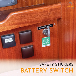 Boat safety sign kit – battery master switch sticker marking main electrical shut-off for fast emergency access onboard.
