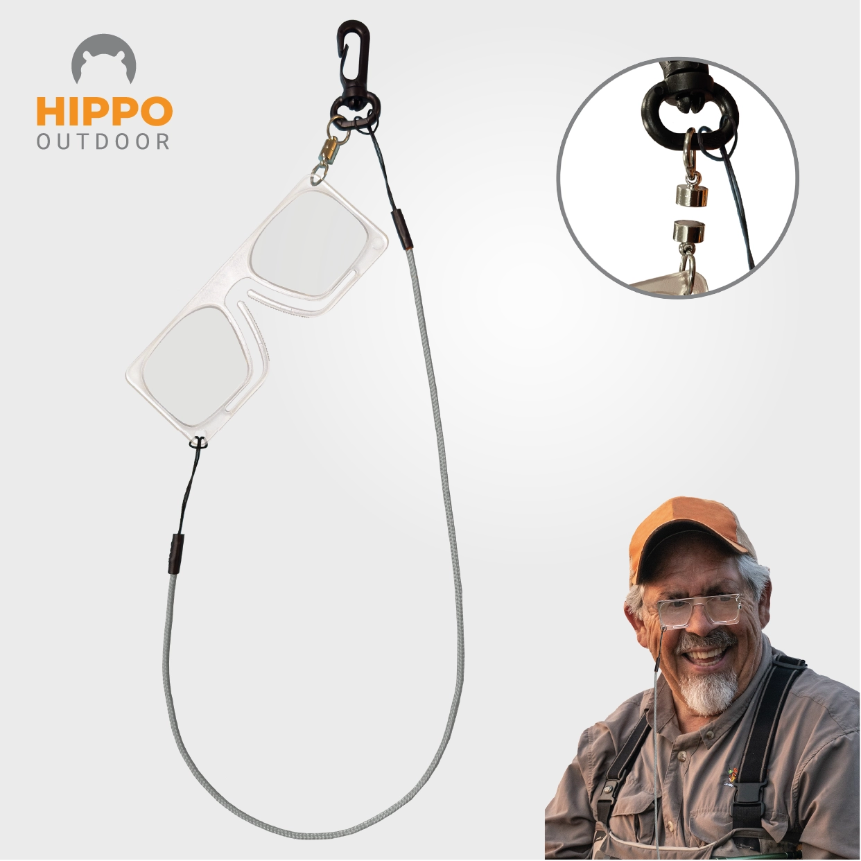 Flugfiskeglasögon med grått band och magnetfäste i bruk