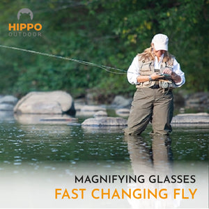 Flugfiskare knyter fluga med förstoringsglas från halsband