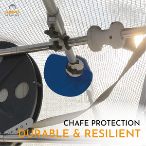 Durable chafe protection tape guarding tarp from wear around mast and support poles.
