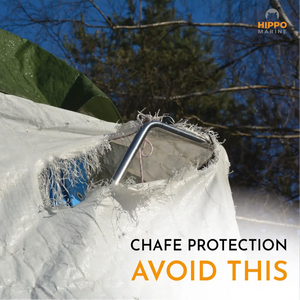 Damaged tarpaulin showing why chafe protection tape is needed to prevent tearing.