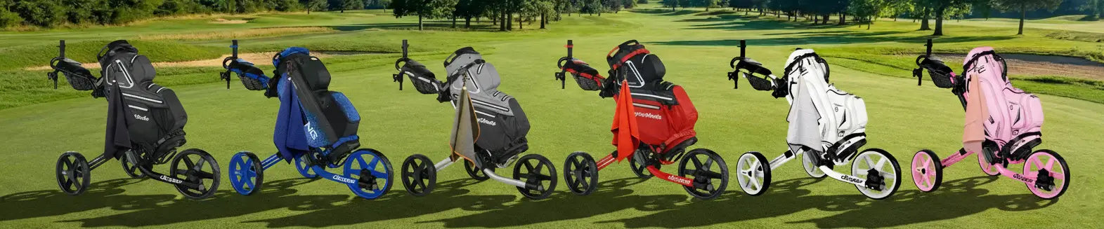 Golf bag essentials displayed on golf carts with organized golf bags on the fairway, designed for easy access and smooth play throughout the round