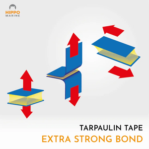 Diagram showing the extra strong adhesive bond of heavy duty tarp repair tape in multiple directions.
