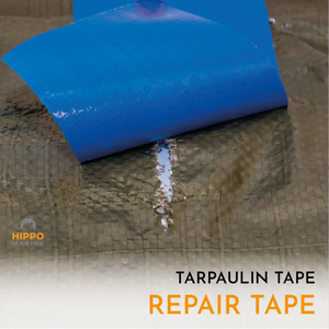 Heavy duty tarpaulin repair tape applied to seal and fix a tear in a damaged tarp.