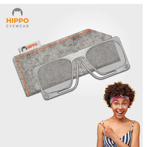Frameless pocket reading glasses in a case, worn by a happy woman showing excitement.