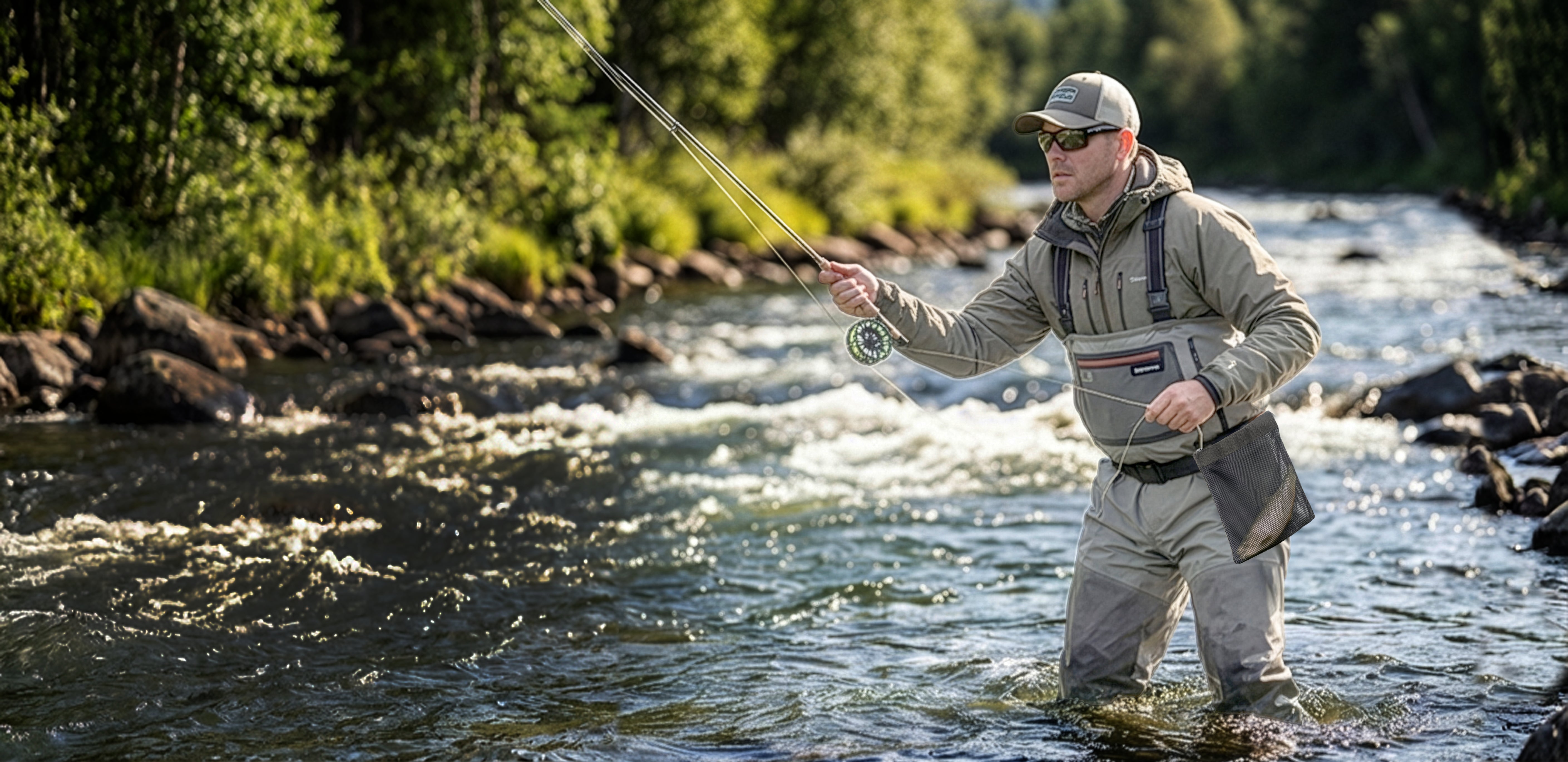Fly fisherman wading in a river using the Hippo Fishing CatchBag for hands-free fly fishing