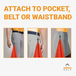 Hippo Golf towel clipped to belt, pocket or waistband – 8174-10