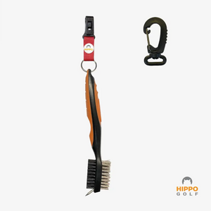 Hippo Golf club cleaning brush with quick-release clip and carabiner, red strap version – 8183-04