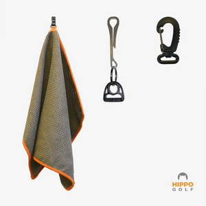 Green golf towel with orange trim and quick access clips – Hippo Golf 8174-15