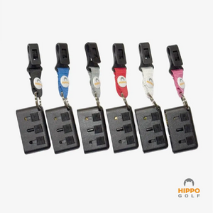 Hippo Golf mini brush with quick access clip shown in multiple color options for golf bags 8199-09