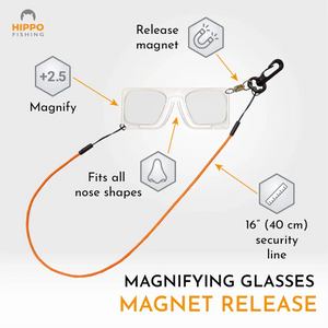Magnetic fly fishing magnifier 8275 showing magnet release and orange lanyard features.