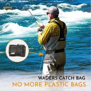 Eco-friendly waders catch bag replacing plastic bags – mesh belt bag for fly fishing catch storage.