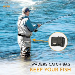Fly fisherman wearing waders catch bag while fishing in river – keep your fish safely stored.