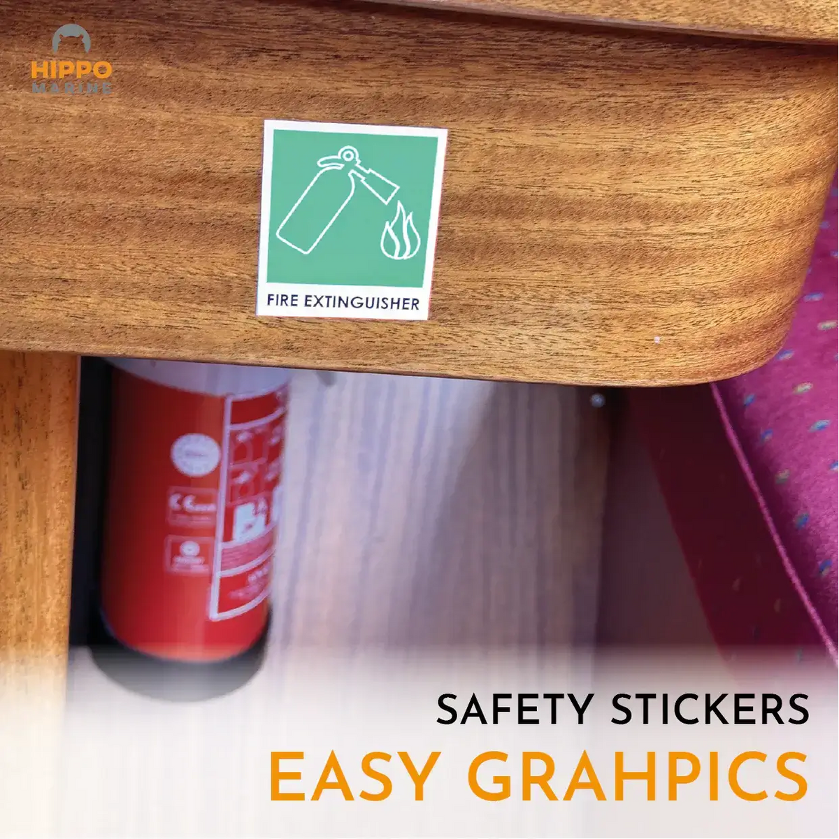 Boat safety equipment plan and safety stickers showing emergency equipment locations inside a recreational boat