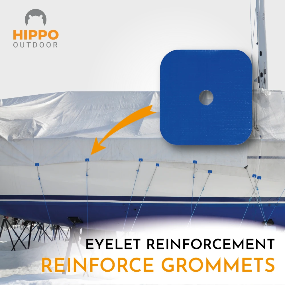 Rounded-corner design tape for universal fit on tarp eyelets.