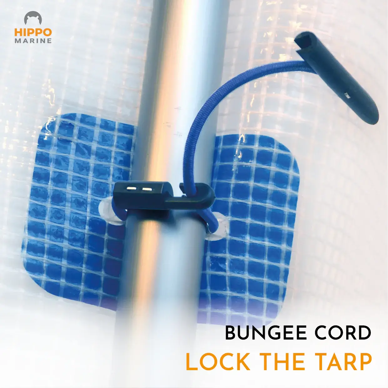 Bungee cord with toggle locking a tarp around a pipe for secure attachment and tensioning.