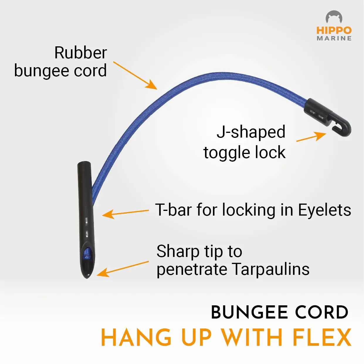 Diagram of bungee cord with toggle showing rubber cord, sharp tip, T-bar lock and J-hook for tarp fastening.