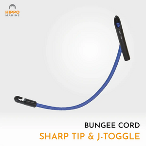 Single bungee cord with toggle showing sharp penetrating tip and J-shaped toggle lock for tarp attachment.