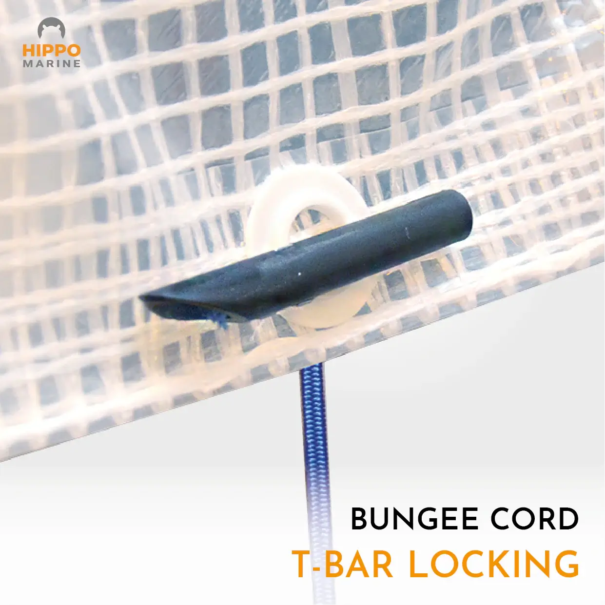 Bungee cord with toggle inserted through eyelet using T-bar lock for strong tarp retention.