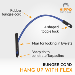 Outdoor bungee cord set with sharp tips and secure J-hook attachments.