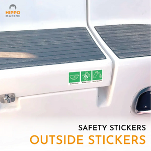 Boat safety sign kit – exterior safety stickers marking bilge pump, bosun chair and fire extinguisher on the boat deck.
