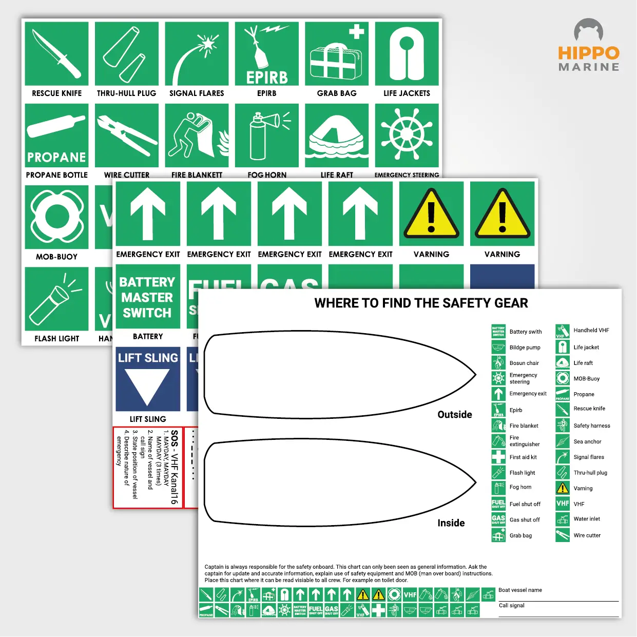 Boat safety sign kit including safety stickers and onboard equipment location chart for maritime safety.