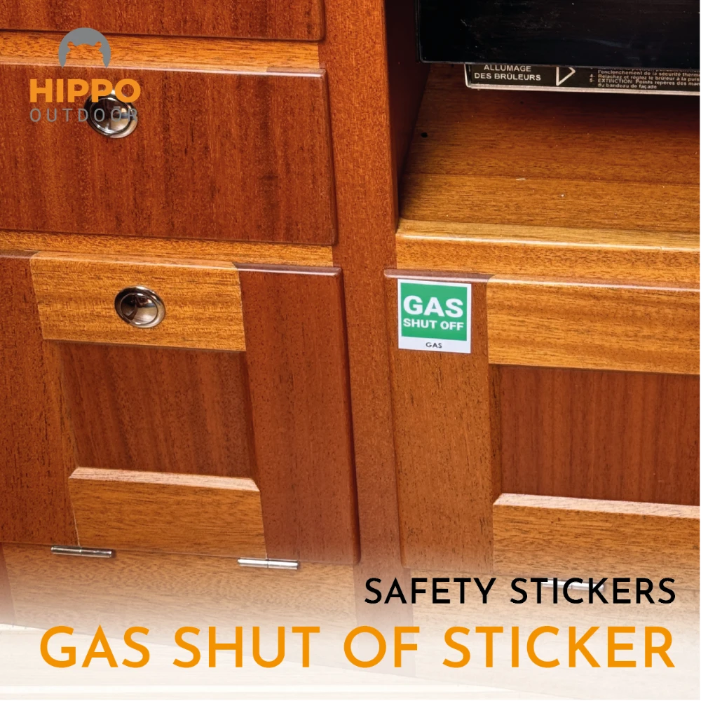 Safety stickers for lift slings, bow thrusters, and emergency equipment locations.