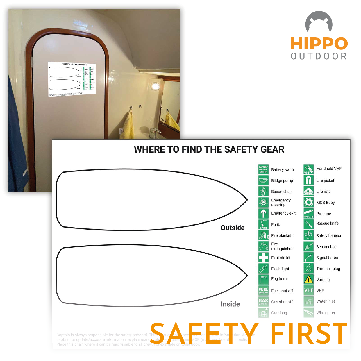 Marine safety charts and labels to display on doors, lockers, and storage areas.