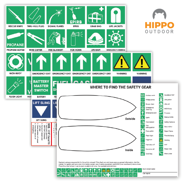 Safety stickers for lift slings, bow thrusters, and emergency equipment locations.