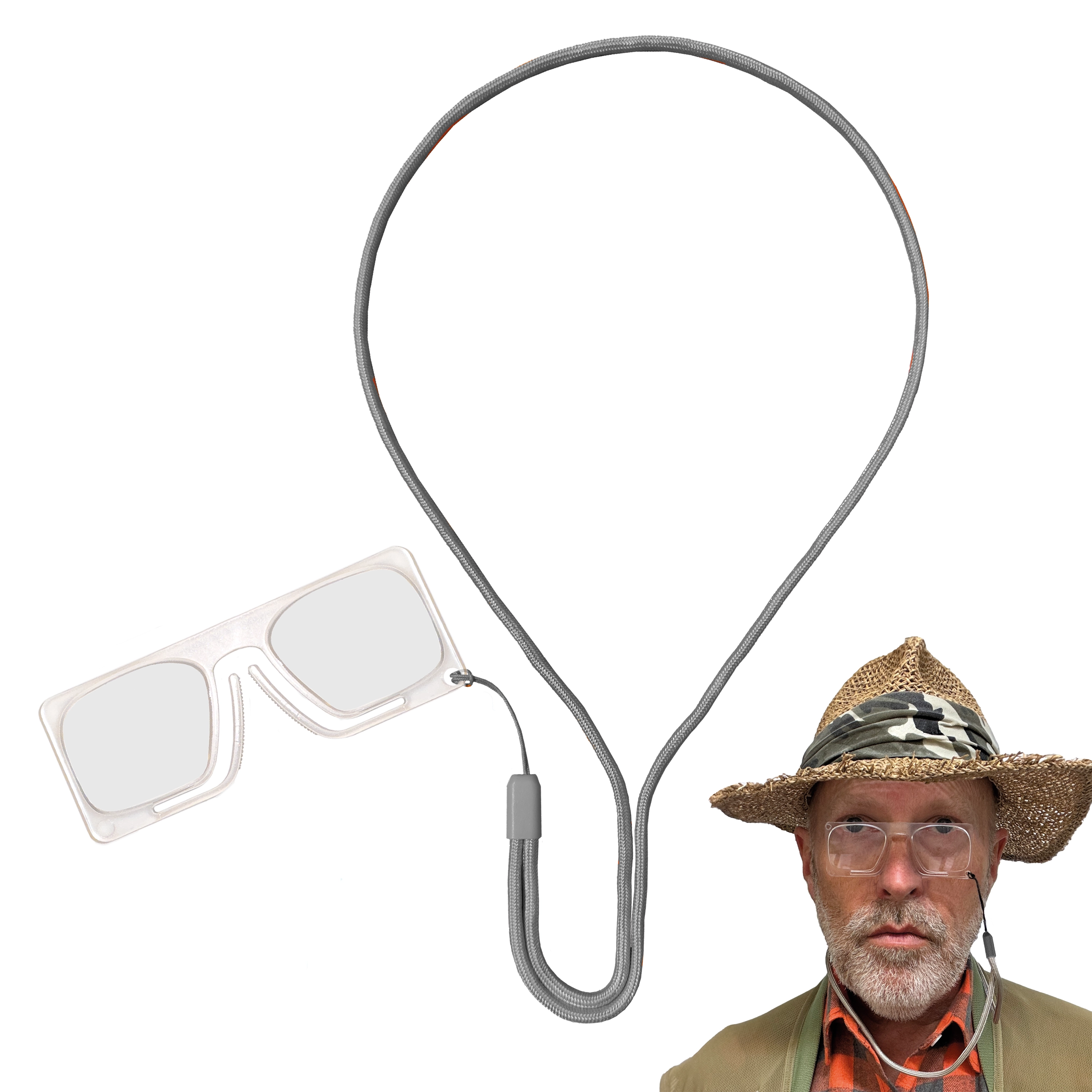 Clip-on flugfiskeglasögon med grått nackband i närbild