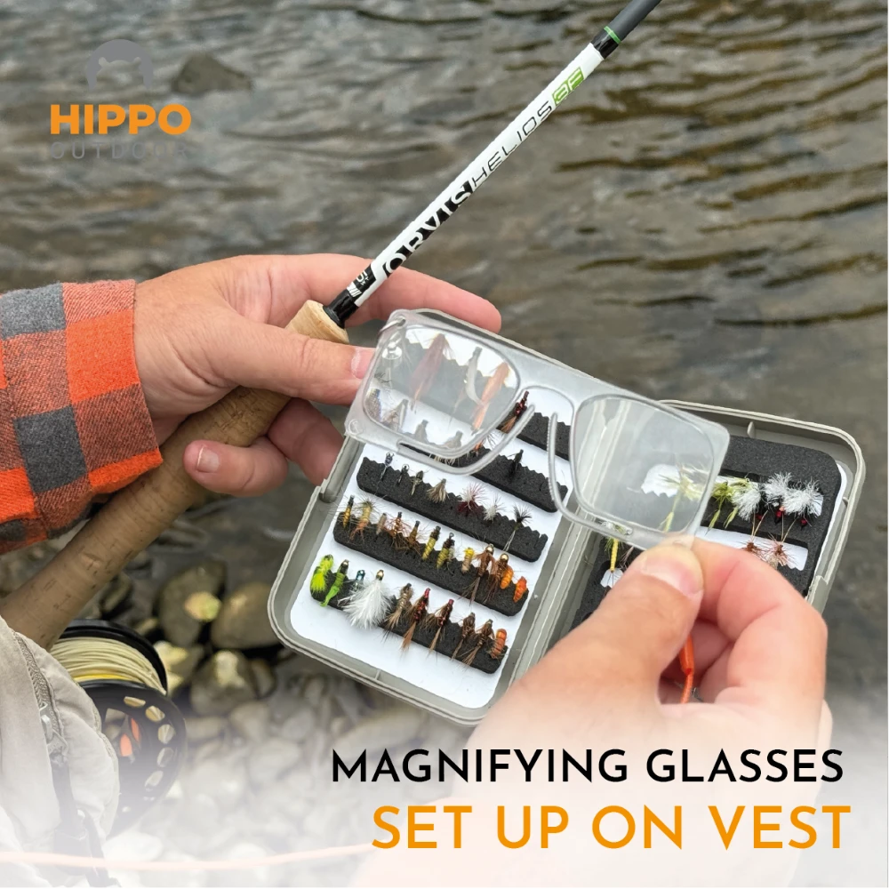 Ergonomic fly fishing glasses with carabiner for hands-free use.