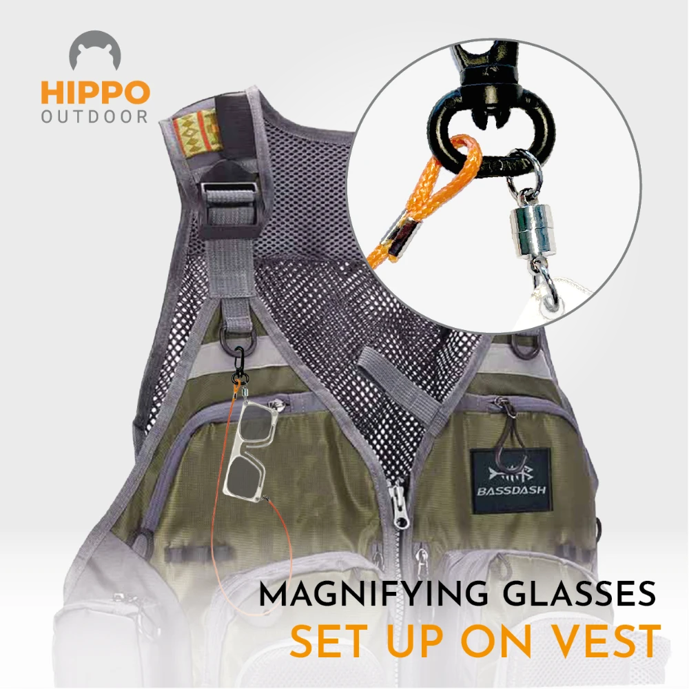 Durable fly fishing glasses with magnetic fastener for vest D-ring