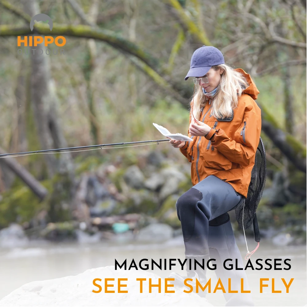 Hands-free fly fishing magnifier with magnet release system.