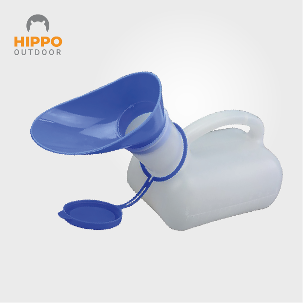 Reusable boat urinal bottle with spill-proof lid and female adapter.