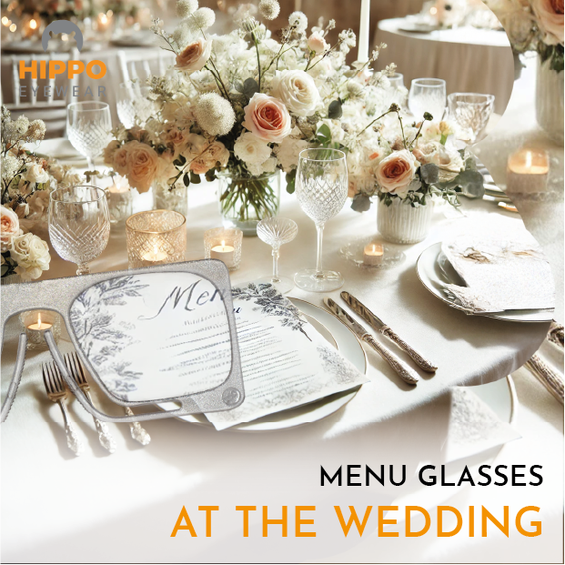 Stylish wedding glasses for reading menus in dim lighting.