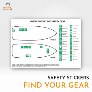 Boat safety sign kit chart showing icons and gear locations to help crew find safety equipment quickly.