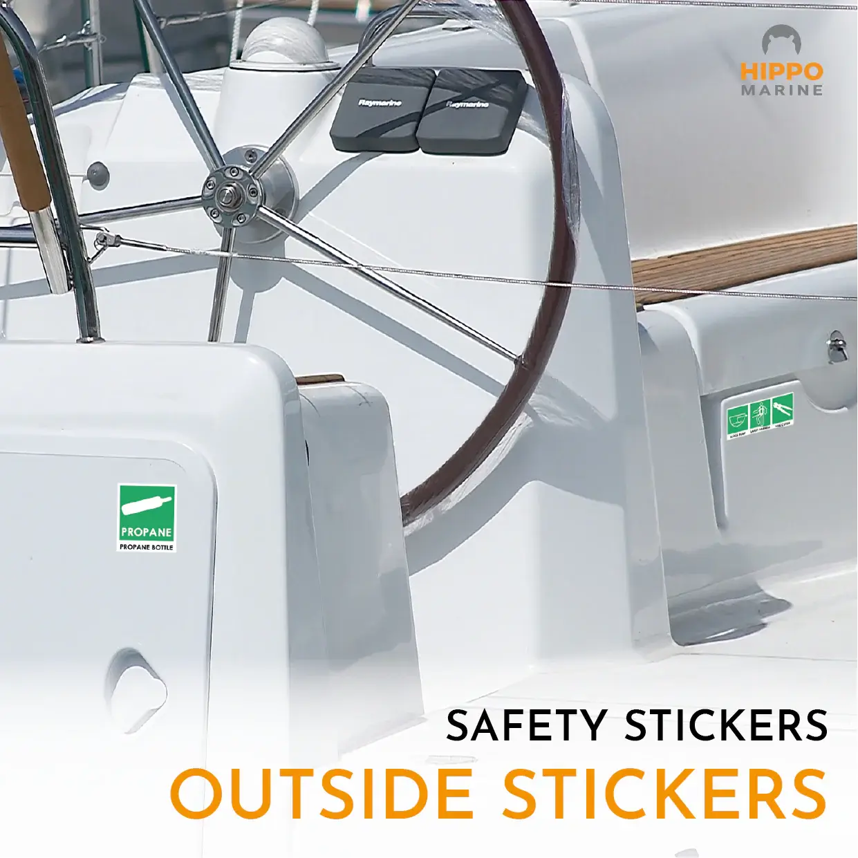 Boat safety sign kit stickers applied on the stern platform marking safety gear positions on deck.