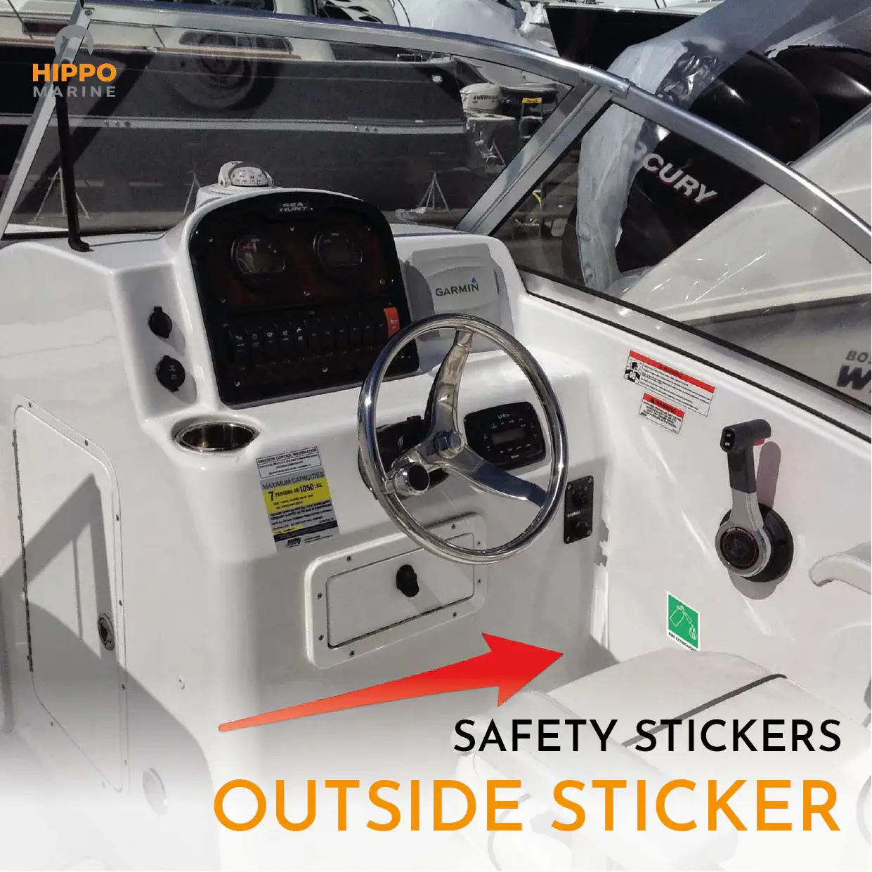 Boat safety sign kit sticker on small motorboat identifying onboard safety equipment location.