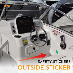 Boat safety sign kit sticker on small motorboat identifying onboard safety equipment location.