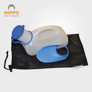 Boat urinal with unisex adapter displayed on black mesh storage bag for discreet and hygienic transport.
