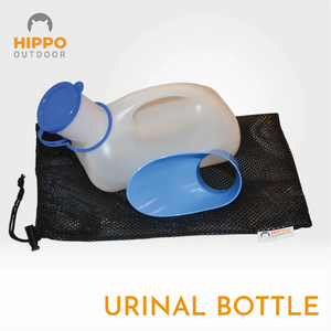 Boat urinal with unisex adapter displayed on black mesh storage bag for discreet and hygienic transport.