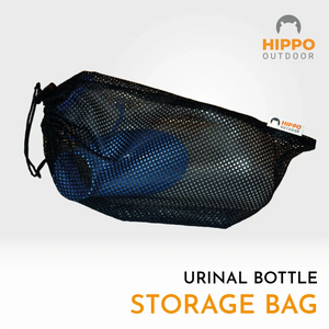 Boat urinal with unisex adapter stored in discreet black mesh bag for easy onboard use.