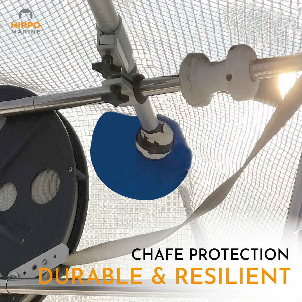 Durable chafe protection tape guarding tarp from wear around mast and support poles.