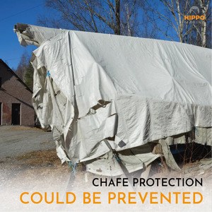 Large tarp damage shown as an example of what chafe protection tape prevents.