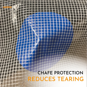 Blue chafe protection tape under reinforced tarp to reduce tearing and extend lifespan.